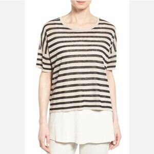 Eileen Fisher Black Stripe Organic Linen Crepe Top S